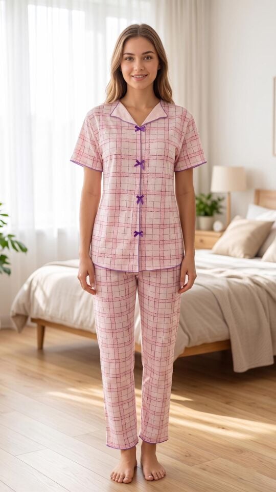 Kadın Pembe Ekose Desenli Yumuşak Soft İpeksi Doku Rahat Kalıp Kısa Kollu Pijama Takımı