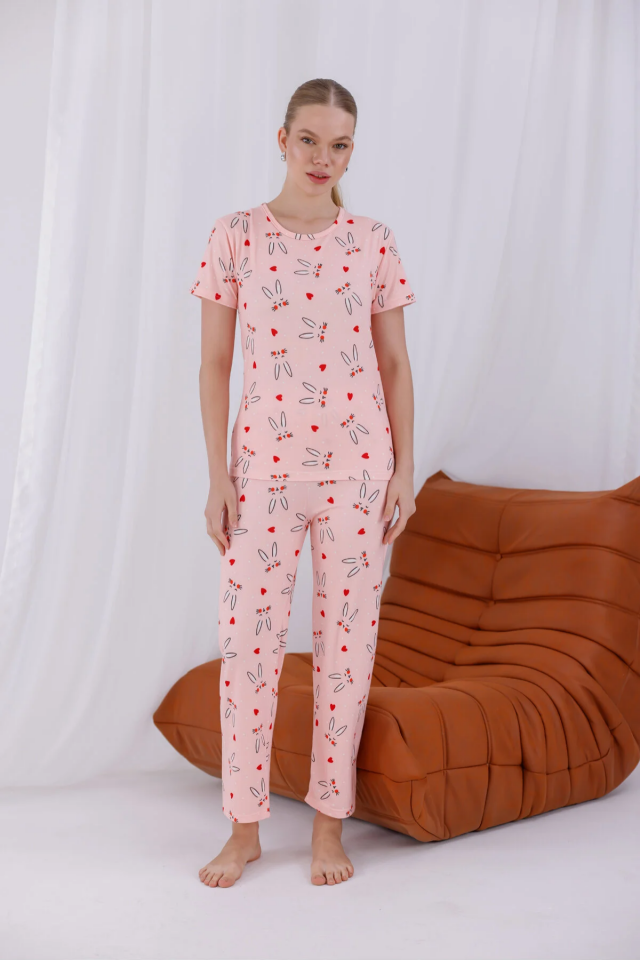Kadın Baskılı Yumuşak Dokulu Milan Örme Kısa Kollu Pijama Takımı 2XL - Pembe Tavşan