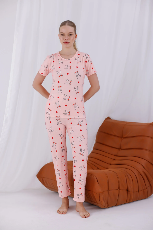 Kadın Baskılı Yumuşak Dokulu Milan Örme Kısa Kollu Pijama Takımı 2XL - Pembe Tavşan
