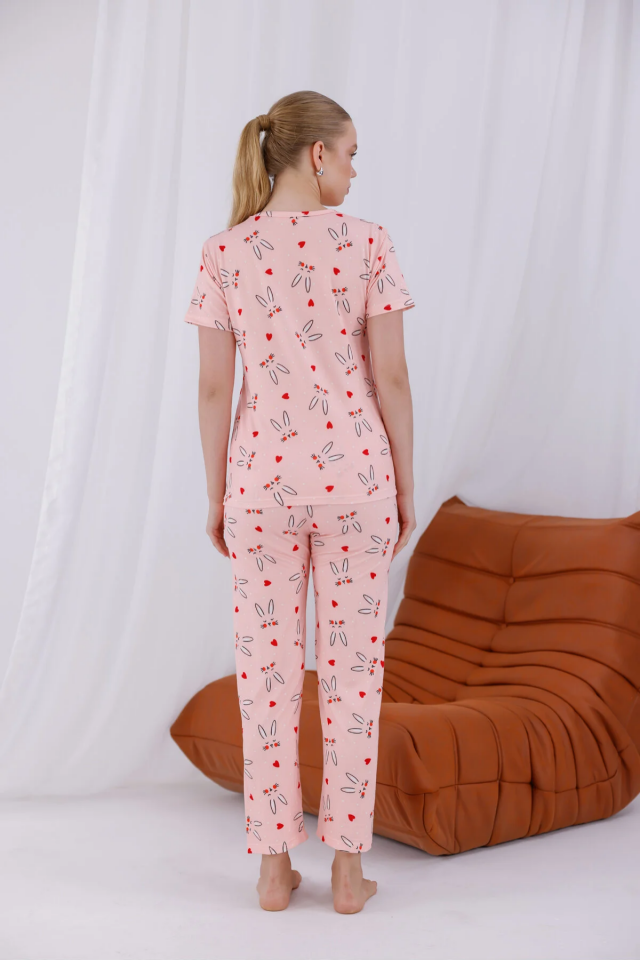 Kadın Baskılı Yumuşak Dokulu Milan Örme Kısa Kollu Pijama Takımı 2XL - Pembe Tavşan