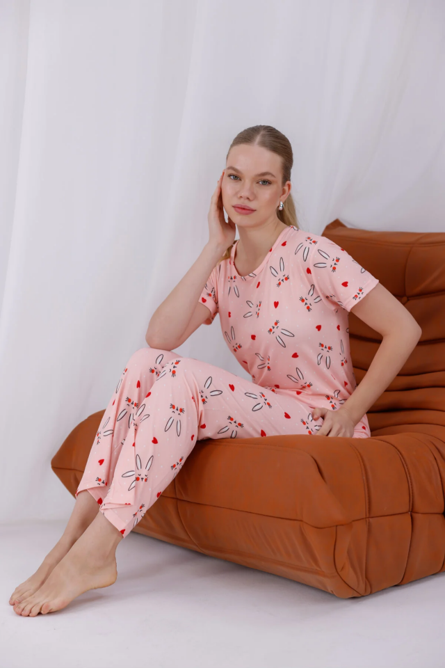 Kadın Baskılı Yumuşak Dokulu Milan Örme Kısa Kollu Pijama Takımı 2XL - Pembe Tavşan
