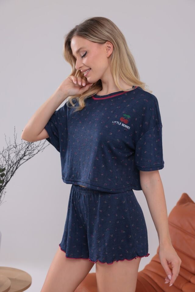 Lacivert Renk Kiraz Baskılı Oversize Kalıp Kısa Kollu Crop Yazlık kadın şortlu Pijama Takımı