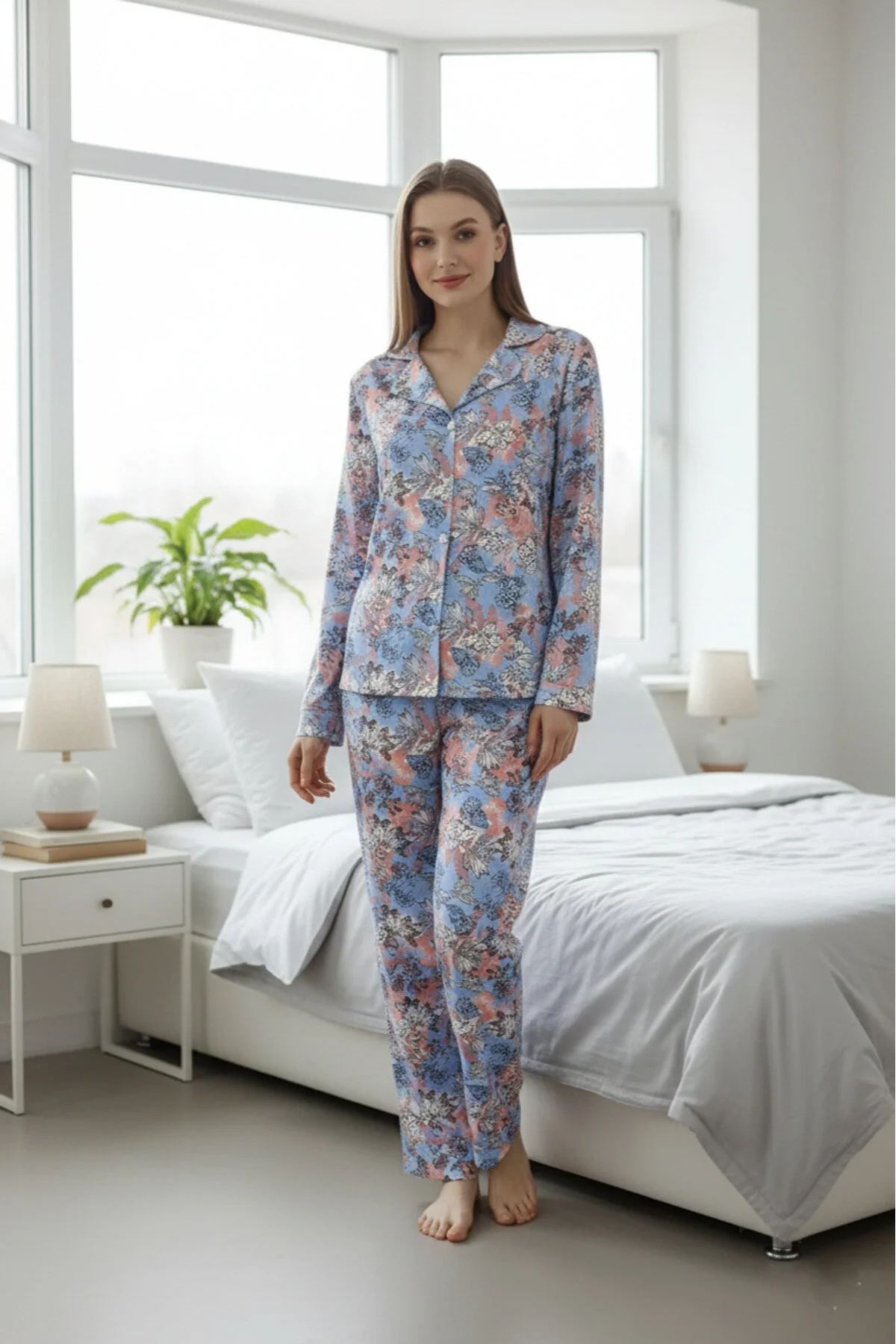 Kadın Pamuklu Düğmeli Gömlek Yakalı Pijama Takımı 2XL - trn çiçek