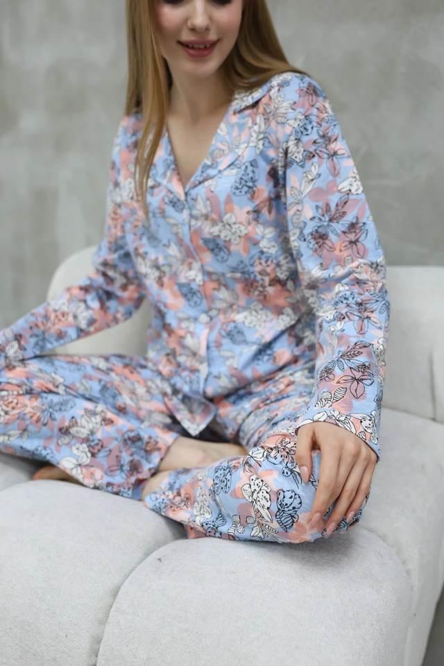 Kadın Pamuklu Düğmeli Gömlek Yakalı Pijama Takımı 2XL - trn çiçek