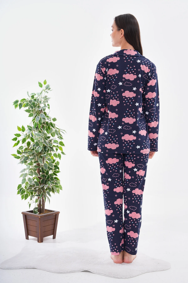 Kadın Pamuklu Düğmeli Gömlek Yakalı Pijama Takımı 2XL - Lacivert Bulut