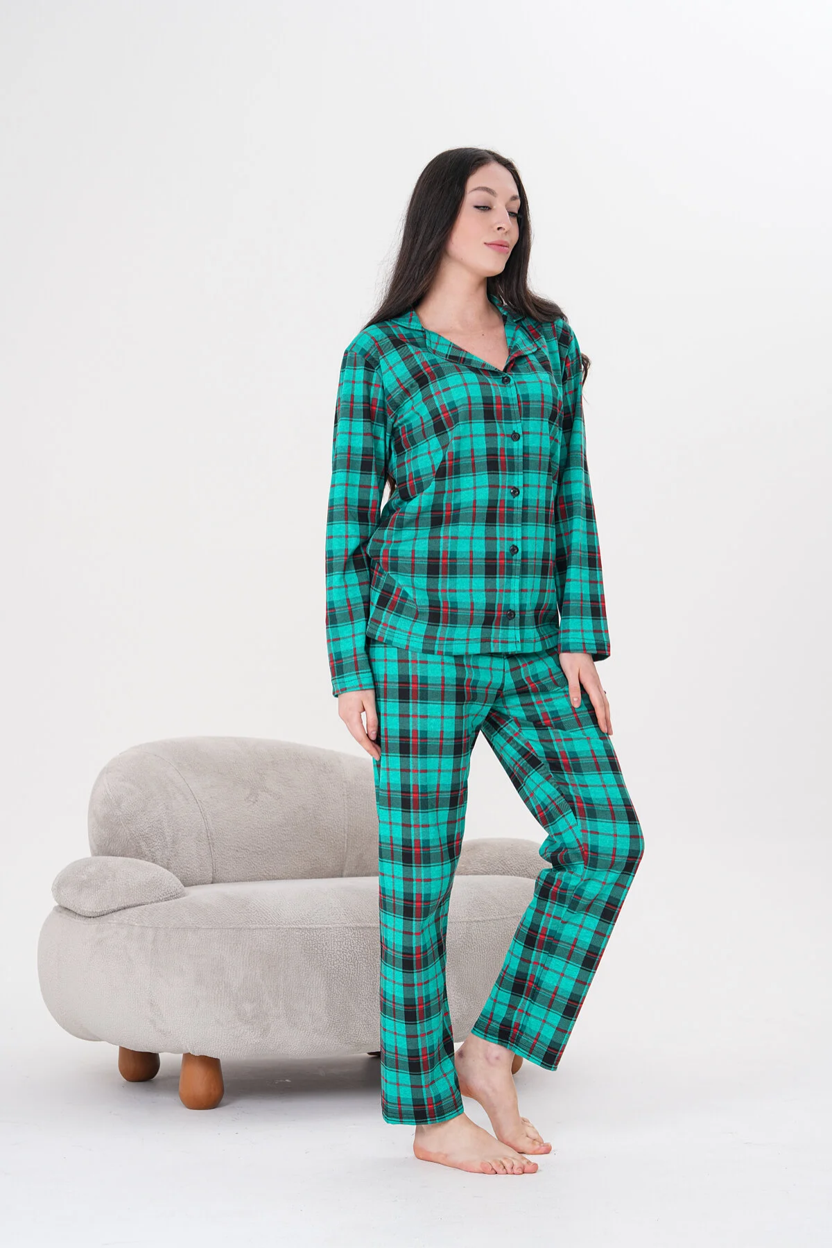 Kadın Pamuklu Düğmeli Gömlek Yakalı Pijama Takımı 2XL - Yeşil Ekose 110
