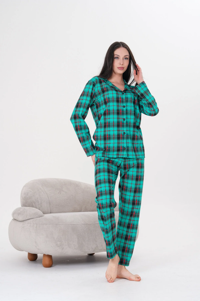 Kadın Pamuklu Düğmeli Gömlek Yakalı Pijama Takımı 2XL - Yeşil Ekose 110