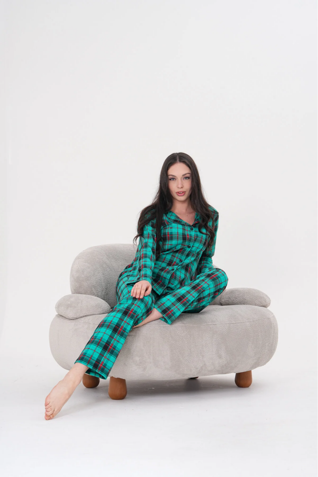 Kadın Pamuklu Düğmeli Gömlek Yakalı Pijama Takımı 2XL - Yeşil Ekose 110