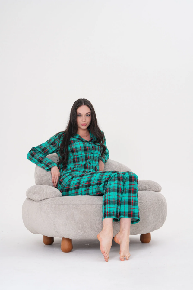 Kadın Pamuklu Düğmeli Gömlek Yakalı Pijama Takımı 2XL - Yeşil Ekose 110
