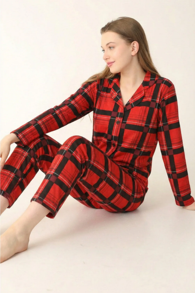 Kadın Pamuklu Düğmeli Gömlek Yakalı Pijama Takımı XL - Kırmızı Siyah