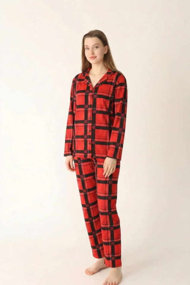 Kadın Pamuklu Düğmeli Gömlek Yakalı Pijama Takımı XL - Kırmızı Siyah