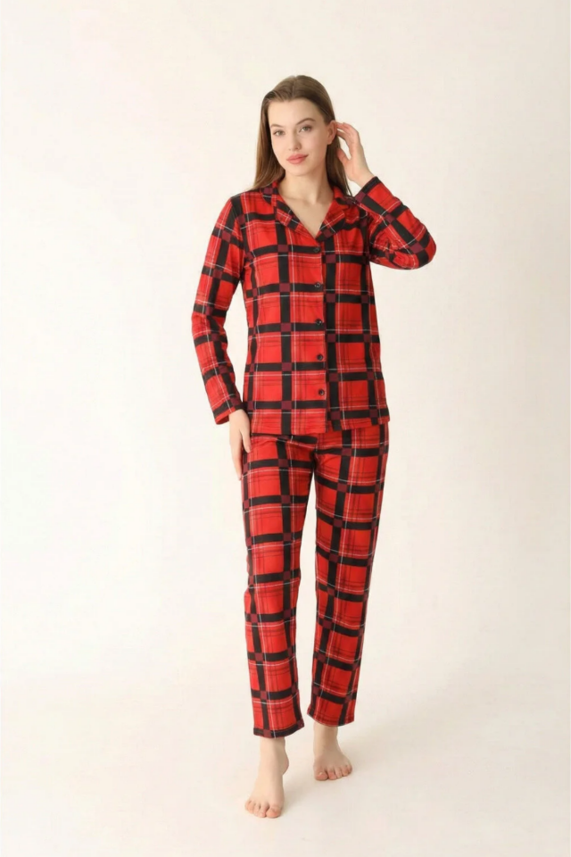 Kadın Pamuklu Düğmeli Gömlek Yakalı Pijama Takımı 2XL - Kırmızı Siyah